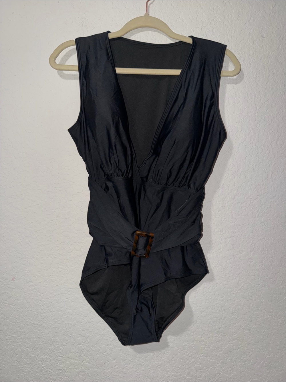 NWT New York & Company Black Sleeveless Wrap-Front Swimsuit with Buckle
